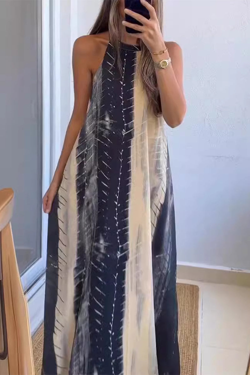 Casual College Gradient Print Backless Contrast Halter Printed Dresses - Fashionpara