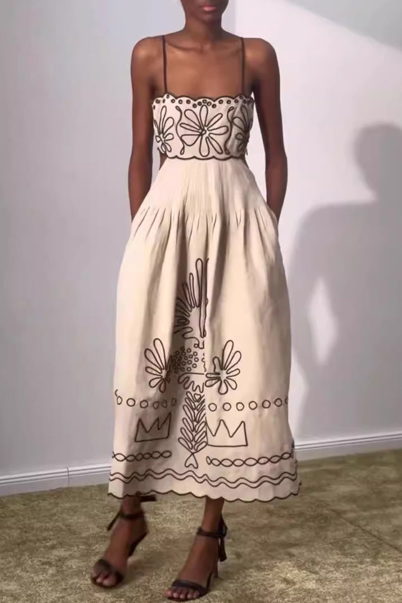 Casual Geometric Print Pocket Square Collar Sling Dresses Fashionpara