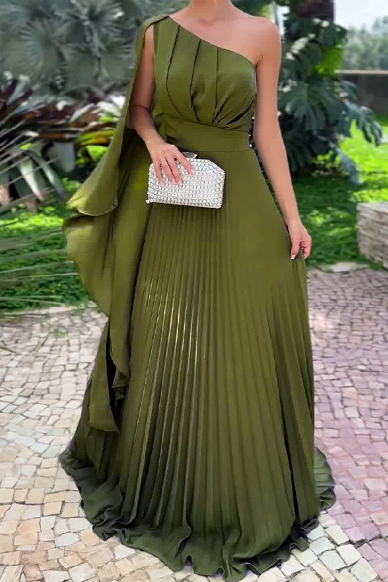 Elegant Solid Fold Stringy Selvedge Pleated Oblique Collar Evening Dresses - Fashionpara