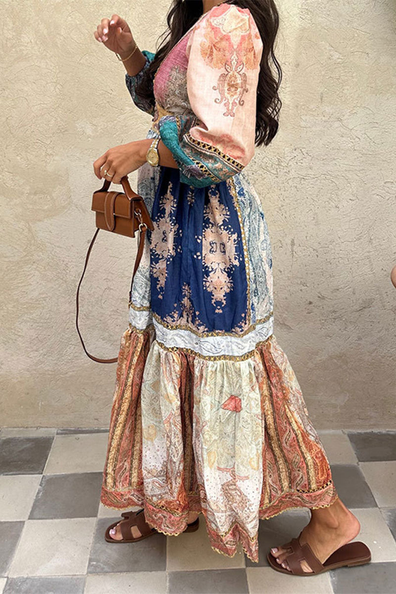 Elegant College Print Floral Contrast V Neck Dresses Fashionpara