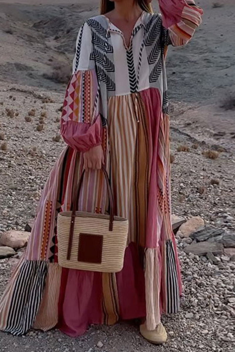 Casual Geometric Print Contrast V Neck Printed Dresses - Fashionpara