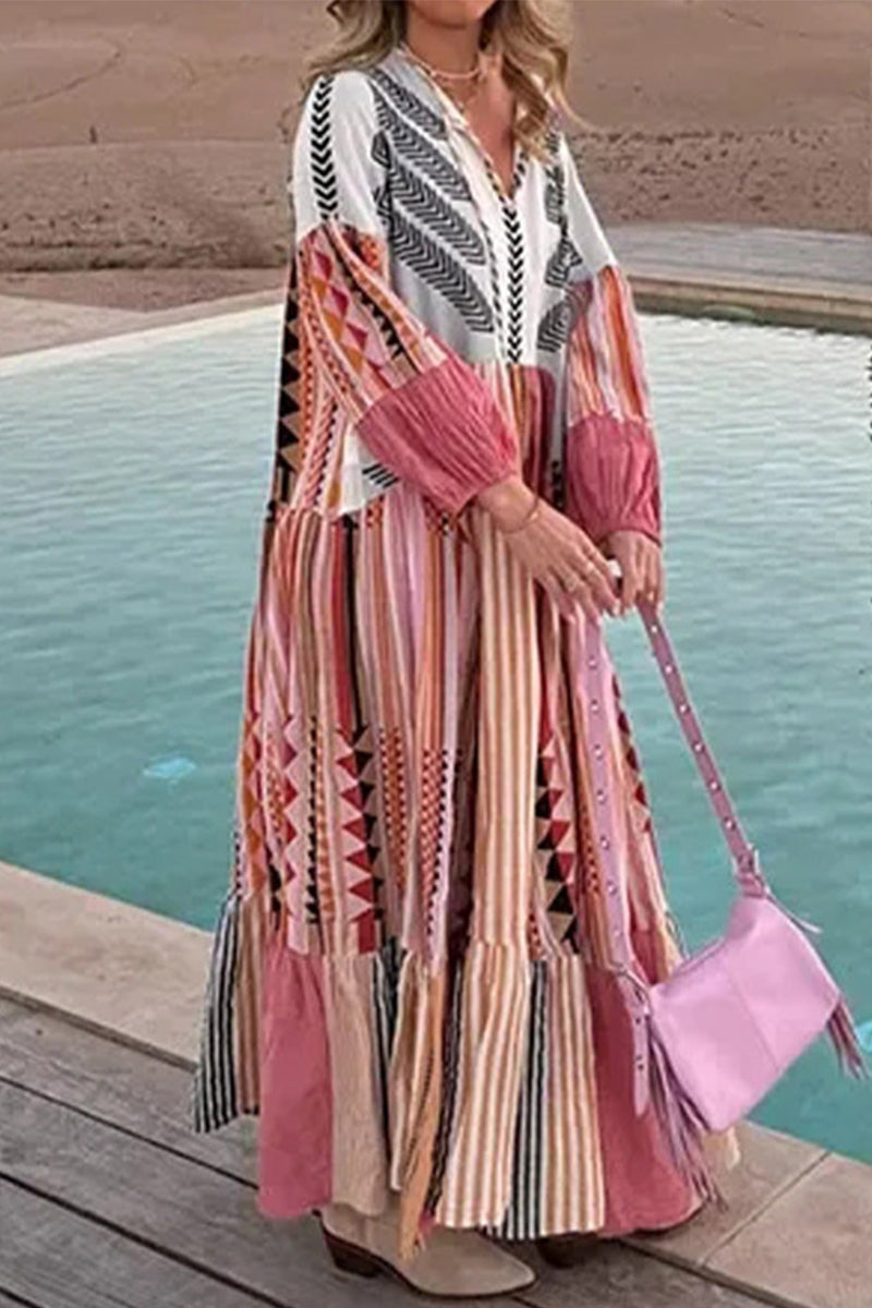 Casual Geometric Print Contrast V Neck Printed Dresses - Fashionpara