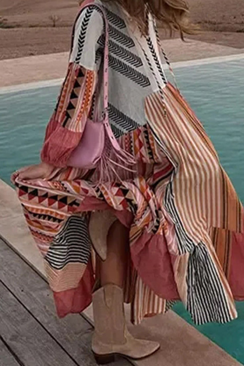 Casual Geometric Print Contrast V Neck Printed Dresses - Fashionpara