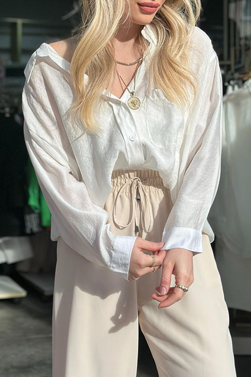 Casual Simplicity Solid Pocket Turndown Collar Blouses (4 Colors)  Fashionpara