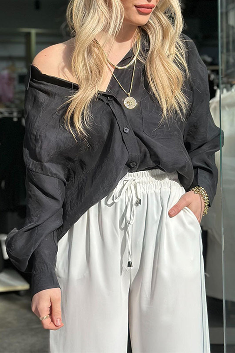 Casual Simplicity Solid Pocket Turndown Collar Blouses (4 Colors)  Fashionpara