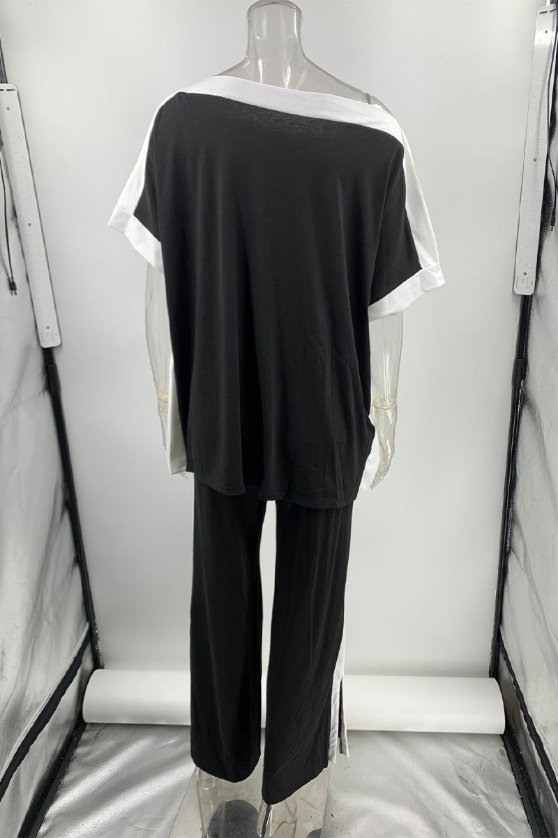 Casual Striped Patchwork Oblique Collar Half Sleeve Two Pieces - Fashionpara