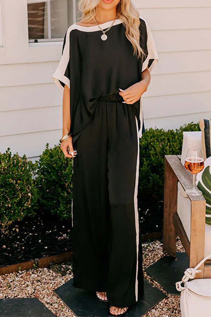 Casual Striped Patchwork Oblique Collar Half Sleeve Two Pieces - Fashionpara