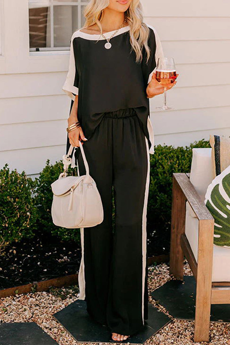 Casual Striped Patchwork Oblique Collar Half Sleeve Two Pieces - Fashionpara