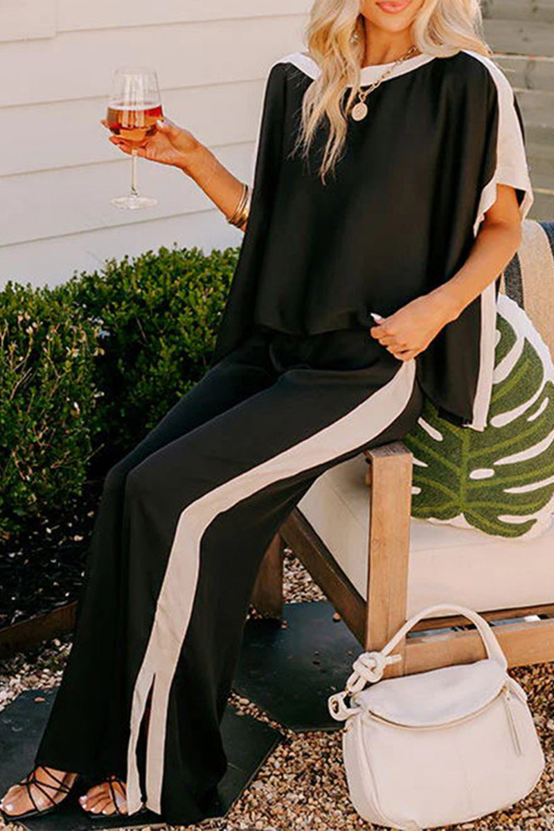 Casual Striped Patchwork Oblique Collar Half Sleeve Two Pieces - Fashionpara