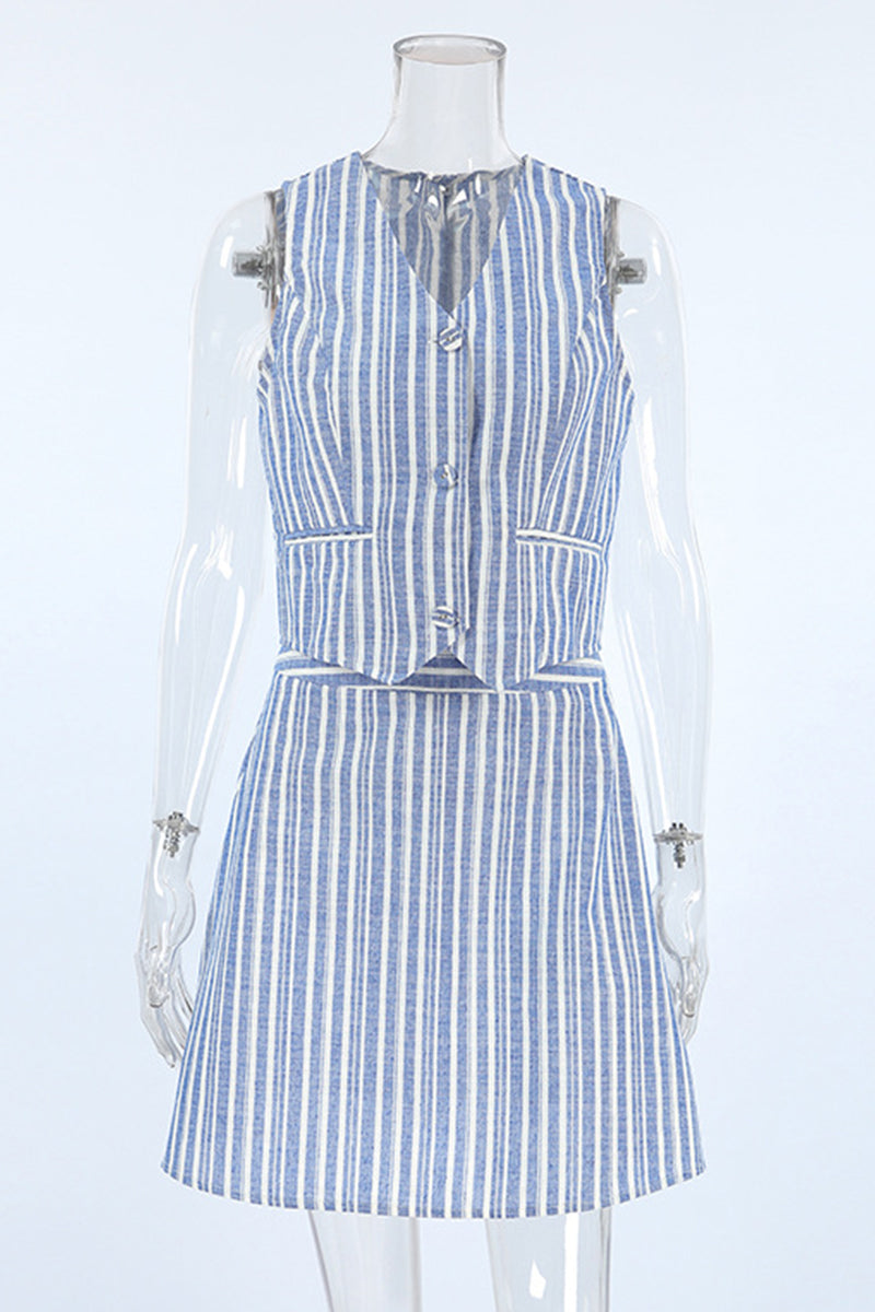 Work Elegant Striped Contrast V Neck Sleeveless Two Pieces - Fashionpara