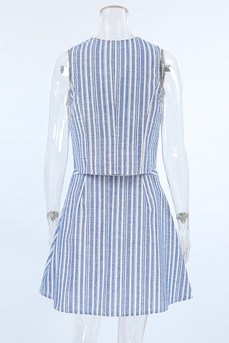 Work Elegant Striped Contrast V Neck Sleeveless Two Pieces - Fashionpara