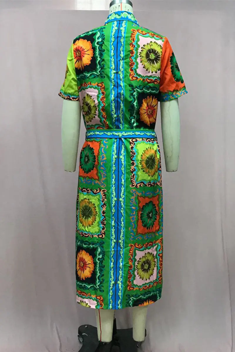 Casual Vacation Print Flowers Patchwork Turndown Collar Shirt Short Sleeve Dress Fashionpara
