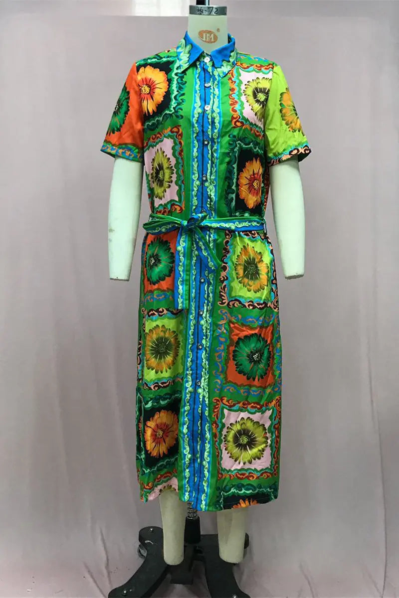 Casual Vacation Print Flowers Patchwork Turndown Collar Shirt Short Sleeve Dress Fashionpara