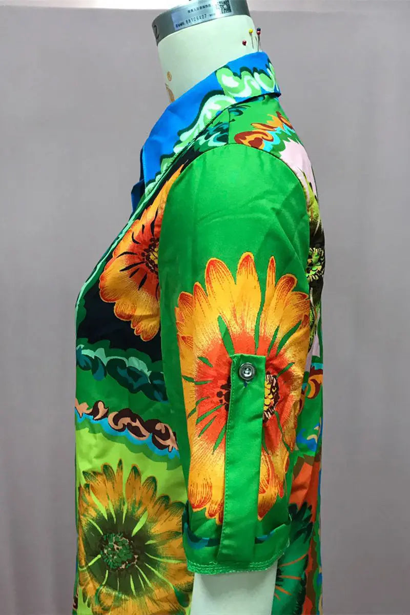 Casual Vacation Print Flowers Patchwork Turndown Collar Shirt Short Sleeve Dress Fashionpara