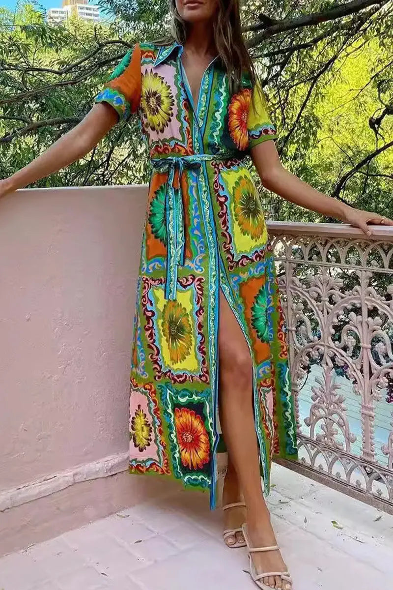 Casual Vacation Print Flowers Patchwork Turndown Collar Shirt Short Sleeve Dress Fashionpara