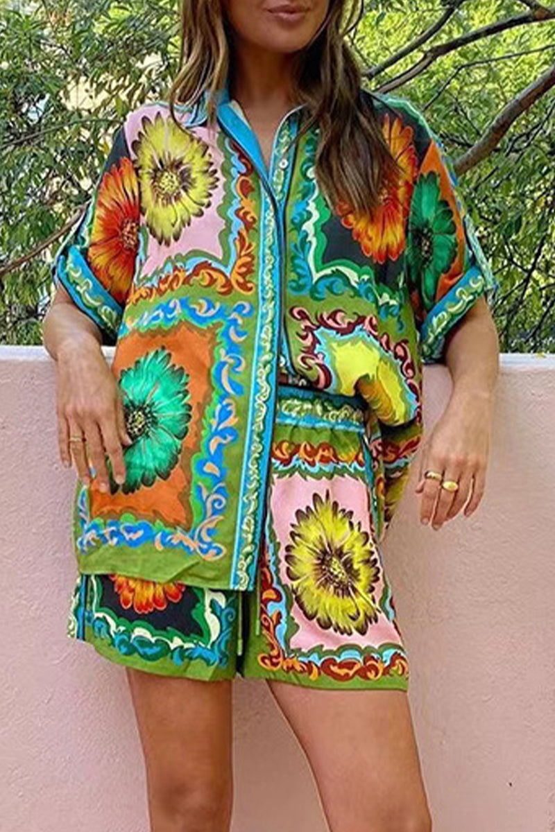 Casual Vacation Print Flowers Patchwork Turndown Collar Short Sleeve Two Pieces - Fashionpara
