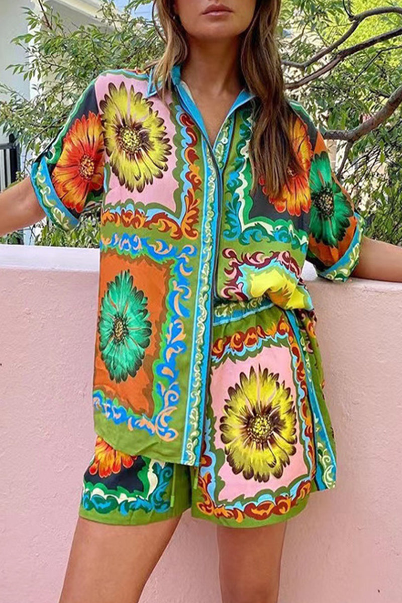 Casual Vacation Print Flowers Patchwork Turndown Collar Short Sleeve Two Pieces - Fashionpara
