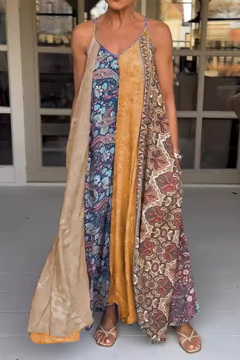 Casual Vintage Mixed Printing Contrast V Neck Printed Dresses(6 Colors) - Fashionpara