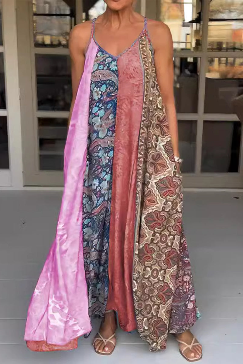 Casual Vintage Mixed Printing Contrast V Neck Printed Dresses(6 Colors) - Fashionpara