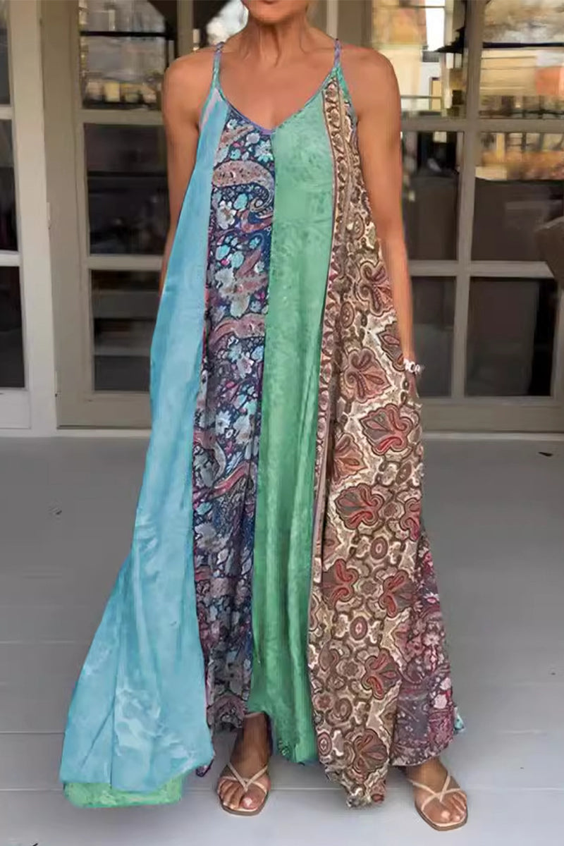 Casual Vintage Mixed Printing Contrast V Neck Printed Dresses(6 Colors) - Fashionpara