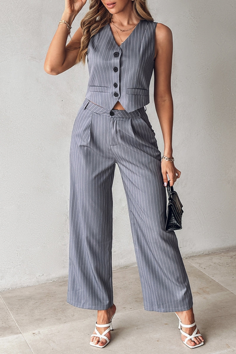 Casual Striped Patchwork V Neck Sleeveless Two Pieces - Fashionpara