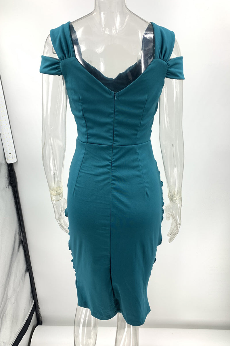 Off Shoulder V-Neck Ruched Wrap Bodice Bodycon Midi Dress - View 8