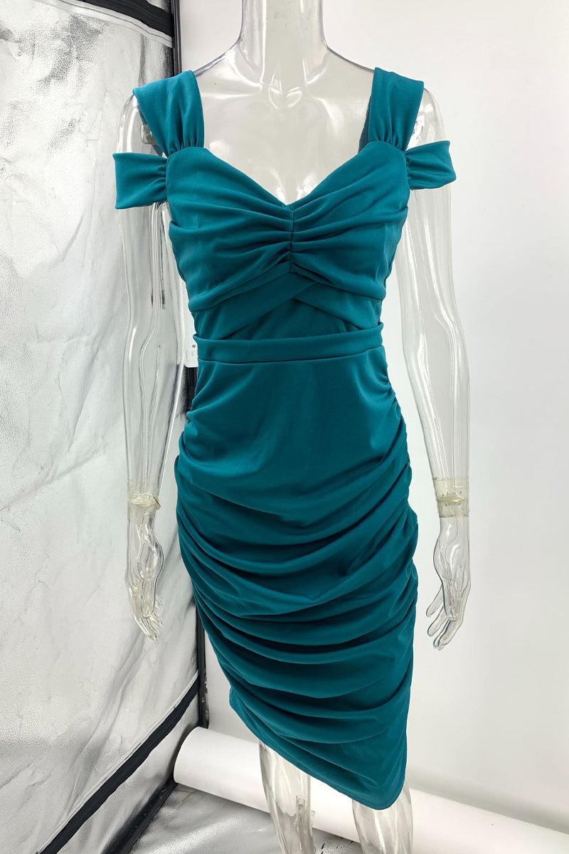 Off Shoulder V-Neck Ruched Wrap Bodice Bodycon Midi Dress - View 7