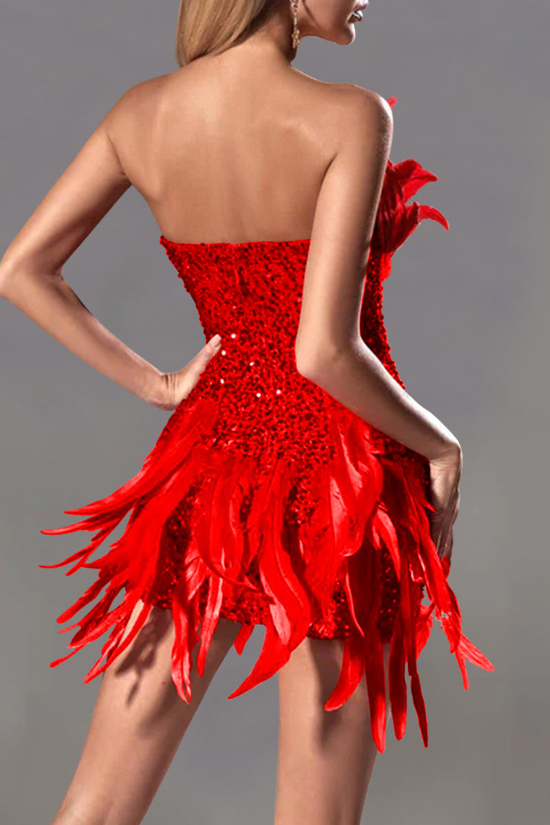 Sexy Solid Sequins Patchwork Feathers Zipper Strapless Wrapped Skirt Dresses - Fashionpara