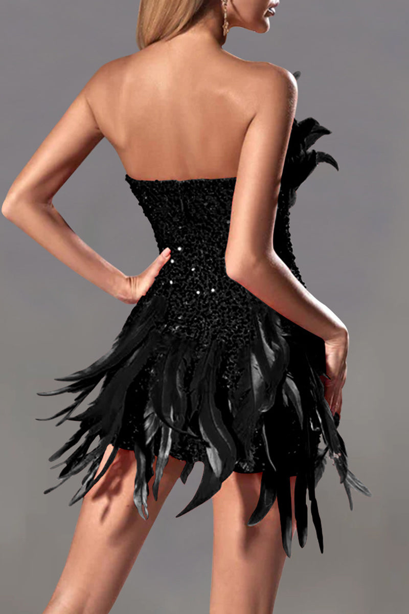 Sexy Solid Sequins Patchwork Feathers Zipper Strapless Wrapped Skirt Dresses - Fashionpara