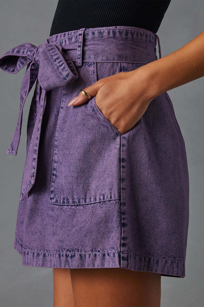 Casual Vintage Solid Bandage Make Old Pocket High Waist Denim Shorts - Fashionpara