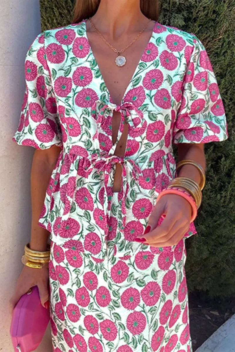 Elegant Print Floral Hollowed Out Frenulum V Neck Short Sleeve Two Pieces Fashionpara