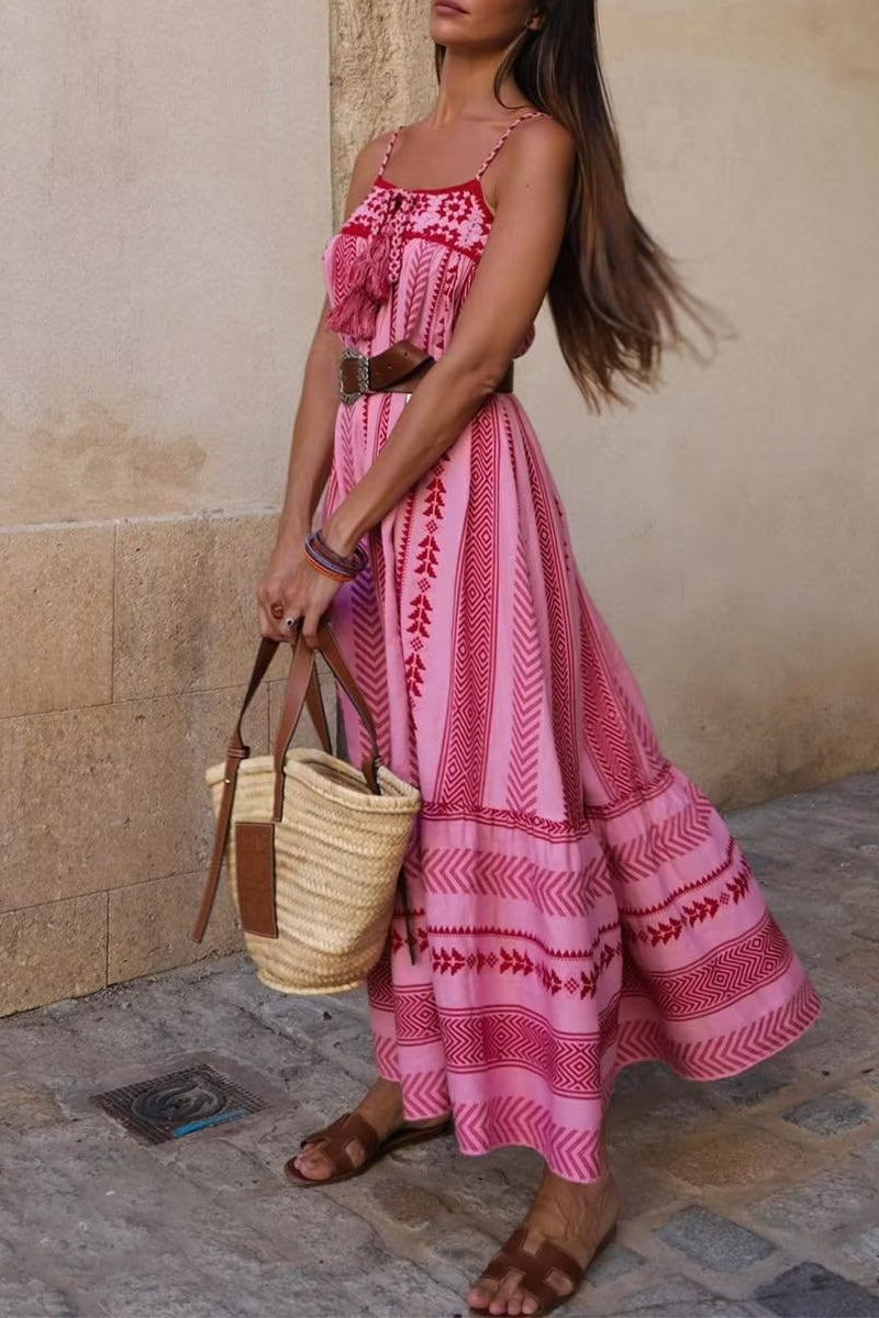 Sexy Vacation Geometric Hook Flower Tassel Embroidered Three-dimensional Pattern Sling Dresses(No Belt) - Fashionpara