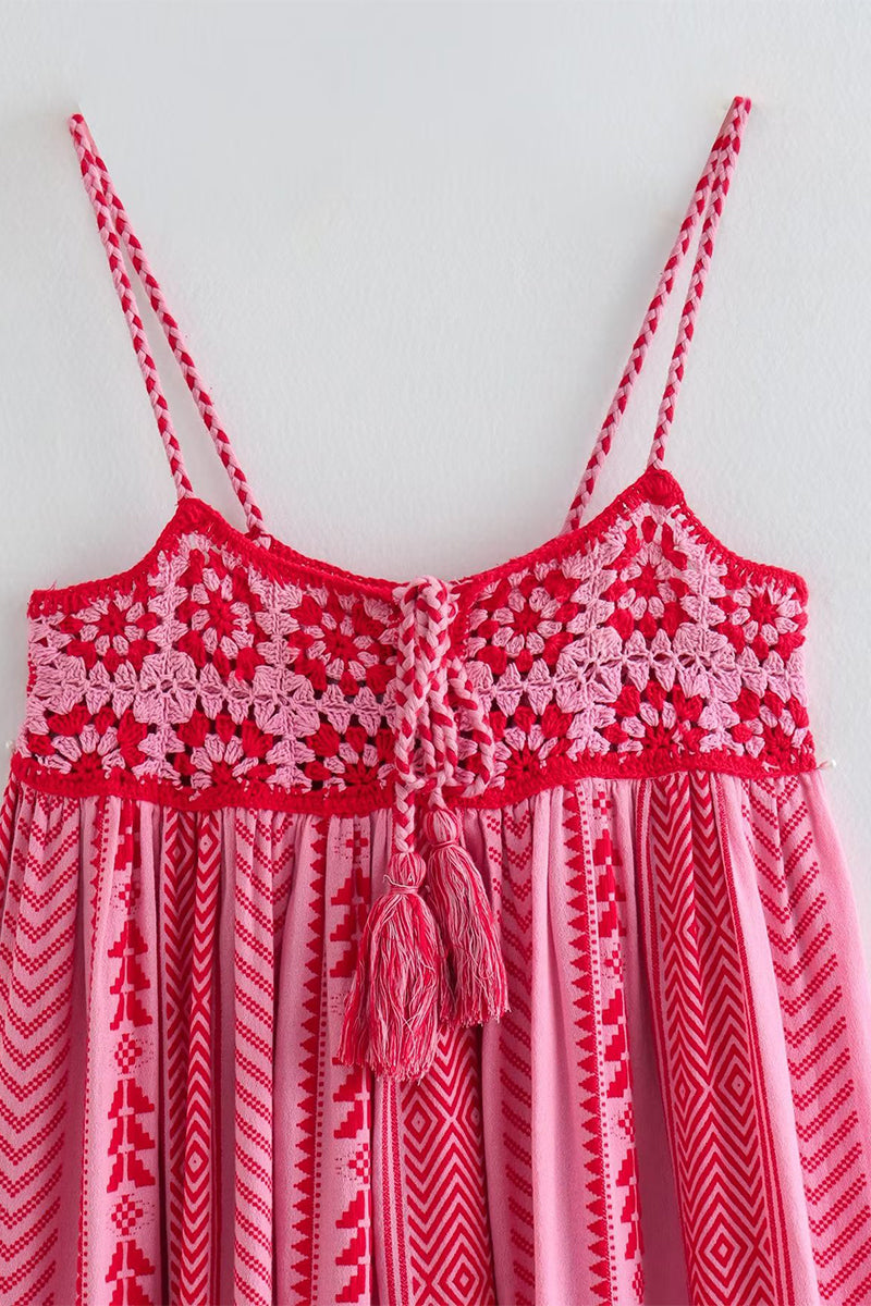 Sexy Vacation Geometric Hook Flower Tassel Embroidered Three-dimensional Pattern Sling Dresses(No Belt) - Fashionpara