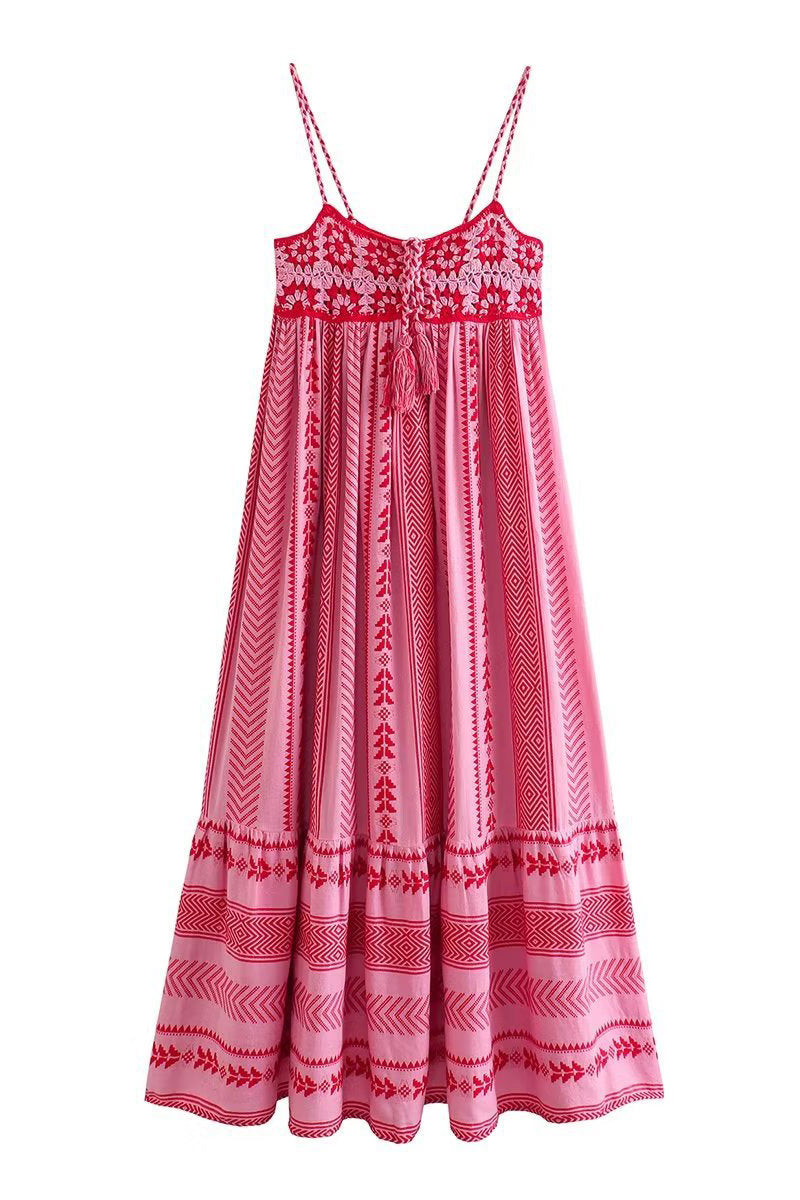 Sexy Vacation Geometric Hook Flower Tassel Embroidered Three-dimensional Pattern Sling Dresses(No Belt) - Fashionpara