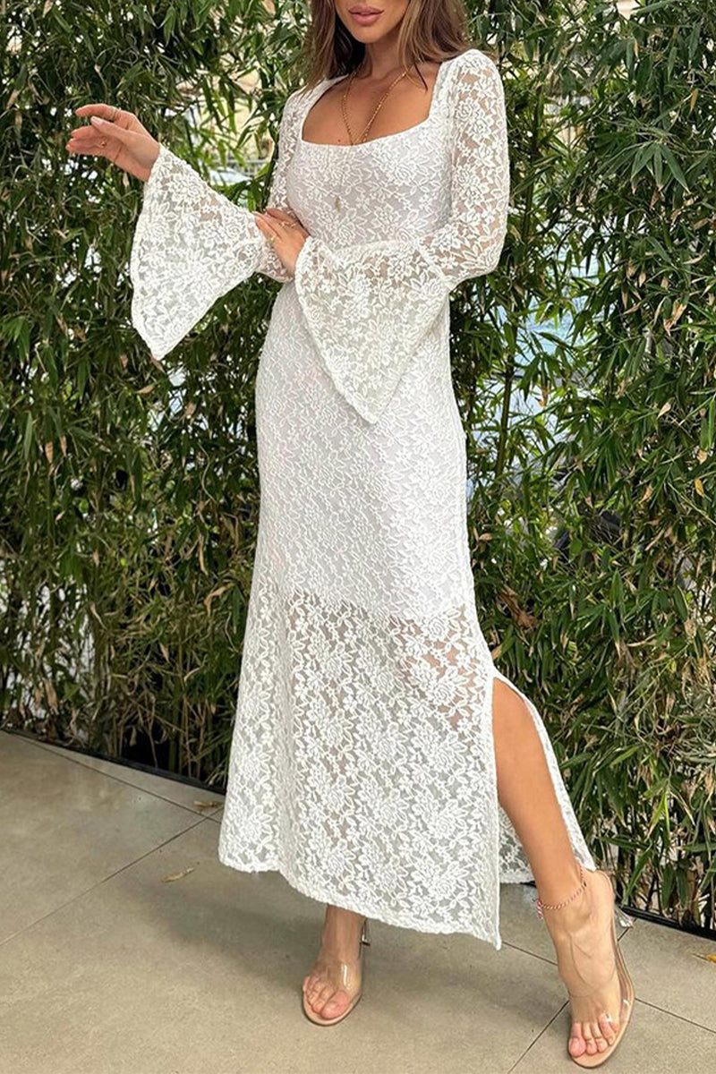 Sexy Solid Lace Slit O Neck One Step Skirt Dresses - Fashionpara