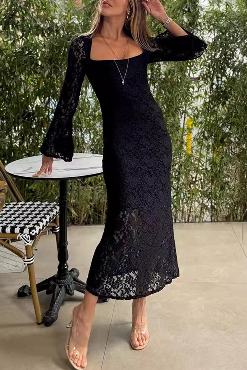 Sexy Solid Lace Slit O Neck One Step Skirt Dresses - Fashionpara