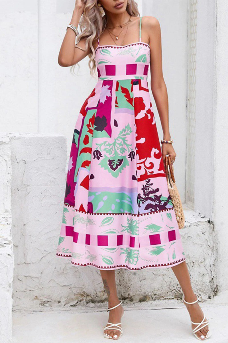 Casual Mixed Printing Contrast Square Collar Sling Dresses - Fashionpara