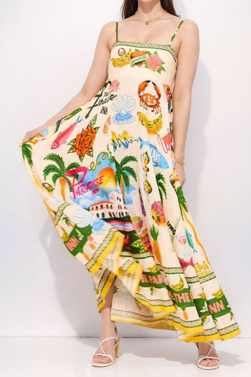 Casual Mixed Printing Contrast Square Collar Sling Dresses - Fashionpara