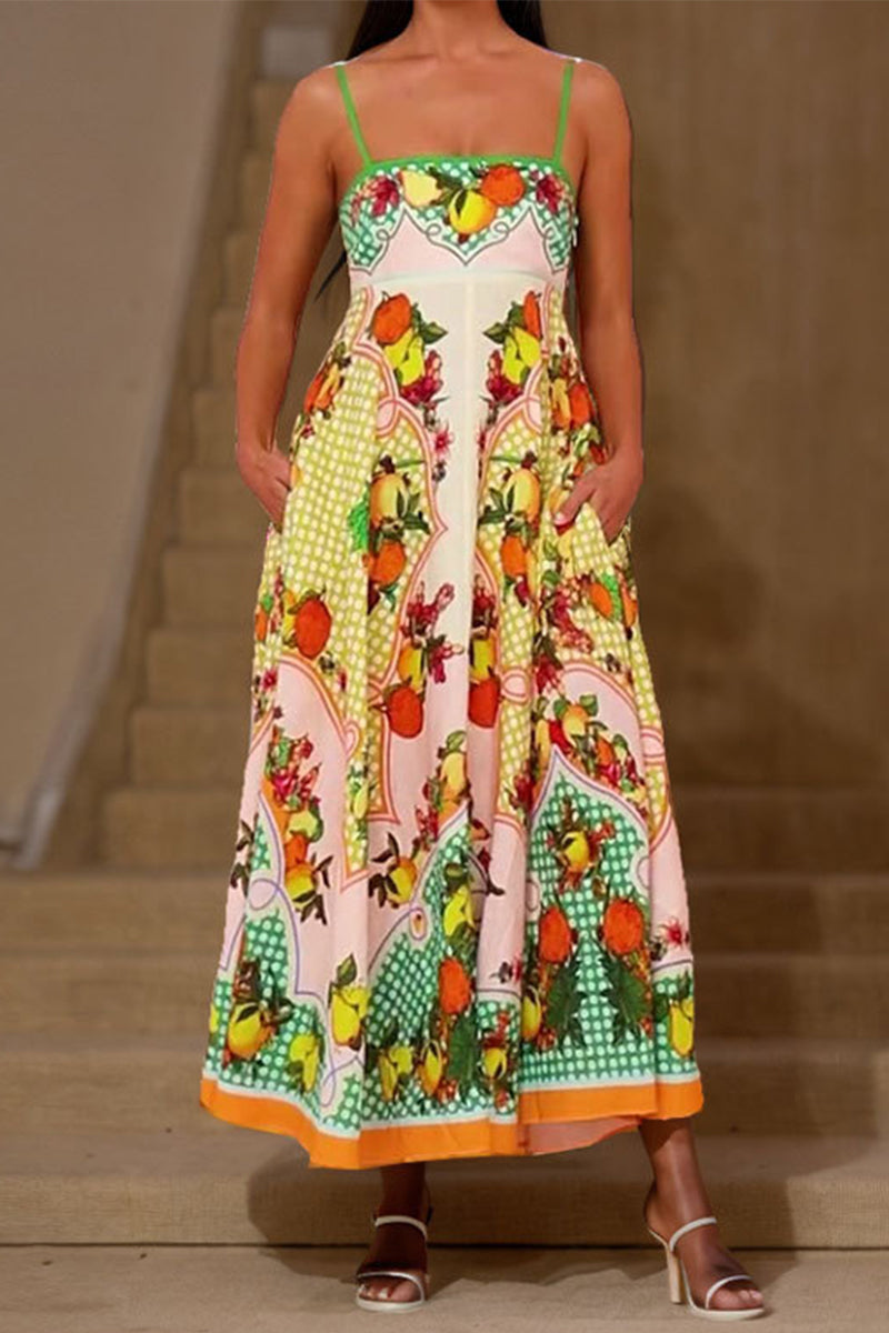 Casual Mixed Printing Contrast Square Collar Sling Dresses - Fashionpara