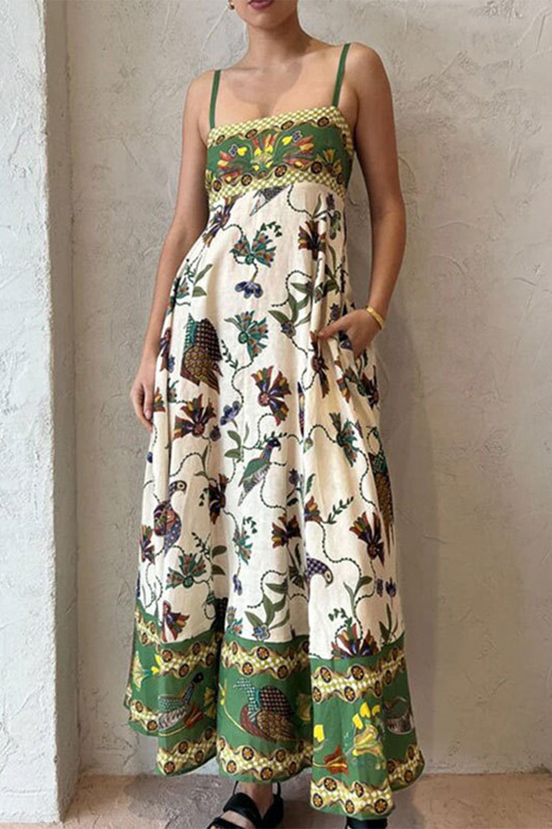 Casual Mixed Printing Contrast Square Collar Sling Dresses - Fashionpara