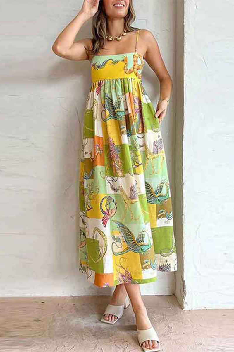 Casual Mixed Printing Contrast Square Collar Sling Dresses - Fashionpara