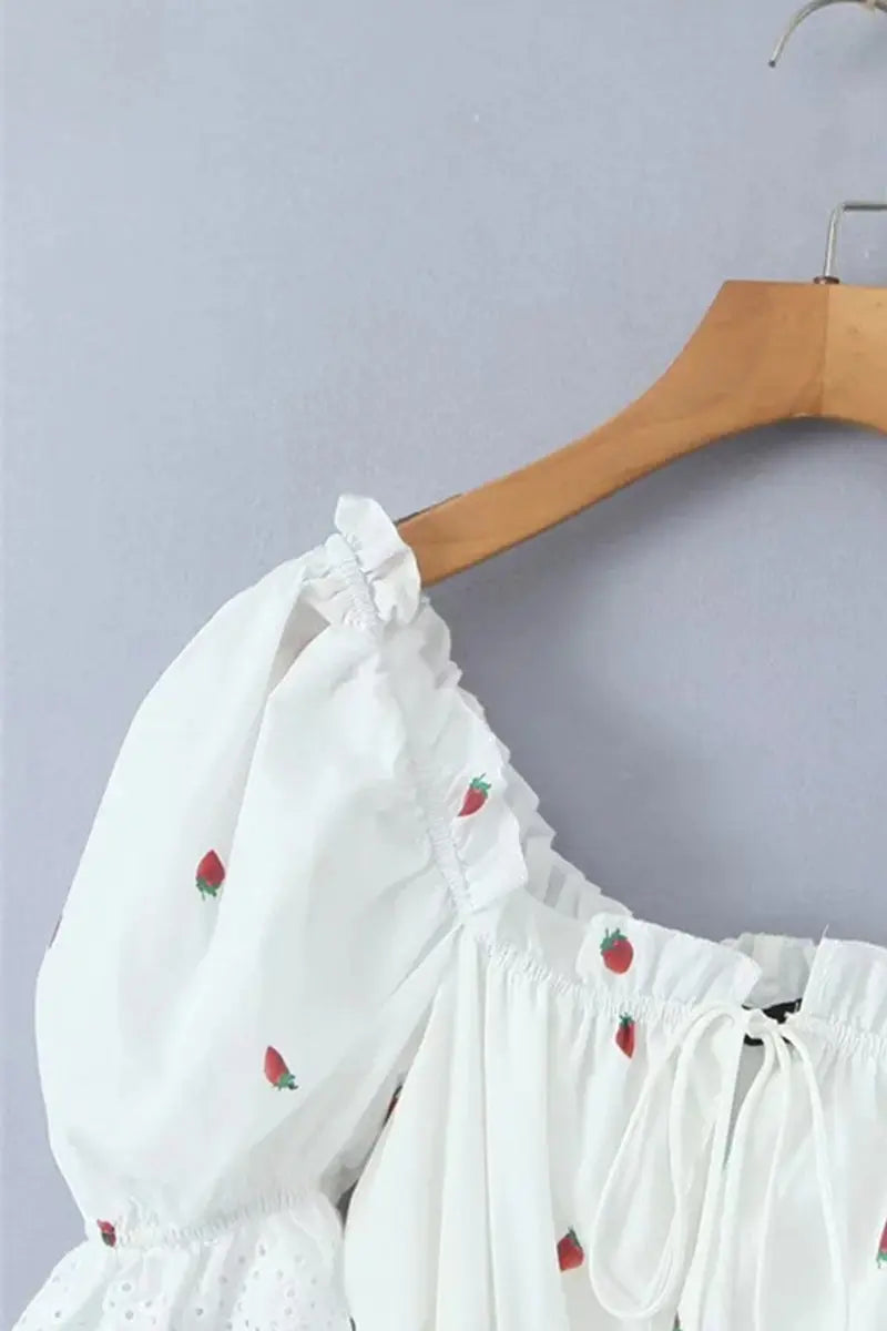 Sweet Fruit printing Patchwork Frenulum Off the Shoulder A Line Dresses Fashionpara