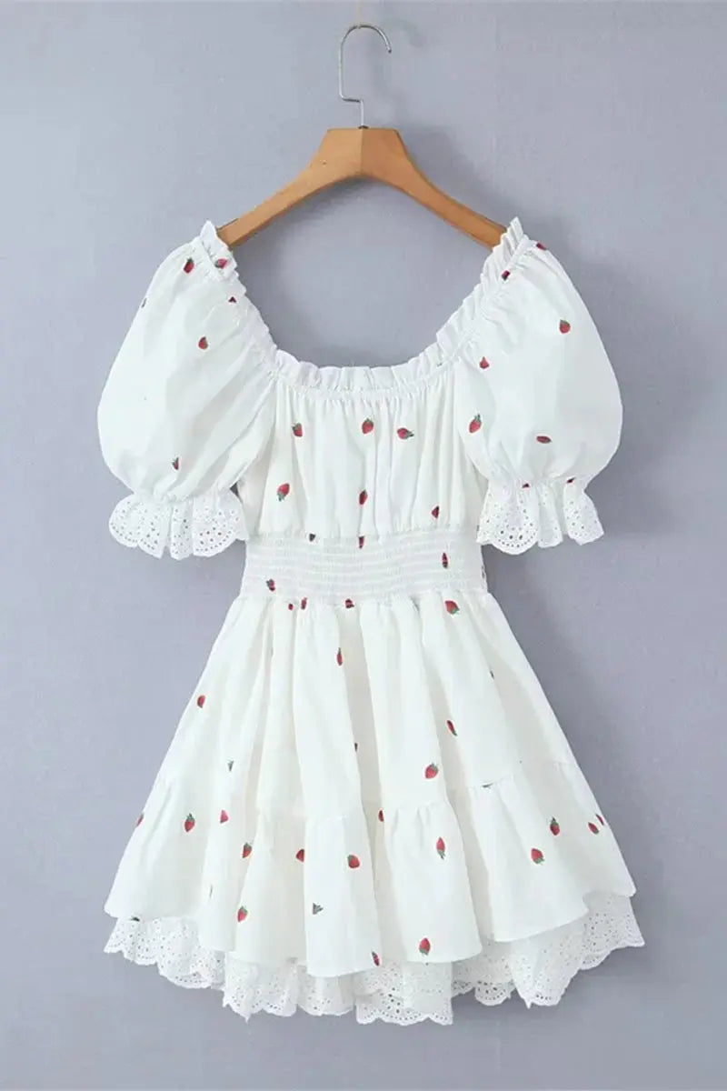 Sweet Fruit printing Patchwork Frenulum Off the Shoulder A Line Dresses Fashionpara