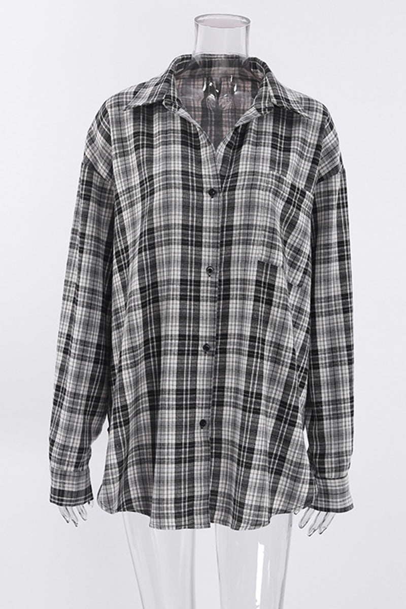 Casual Plaid Contrast Turndown Collar Tops - Fashionpara