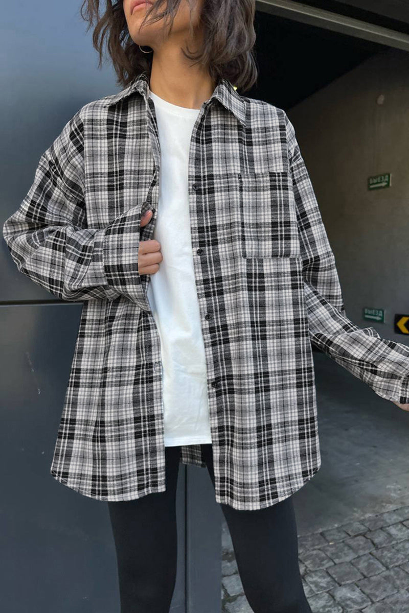 Casual Plaid Contrast Turndown Collar Tops - Fashionpara