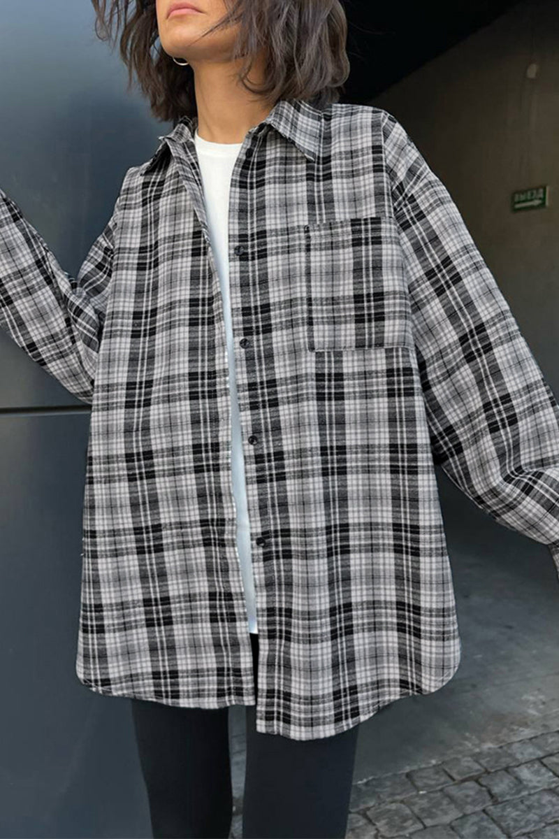 Casual Plaid Contrast Turndown Collar Tops - Fashionpara