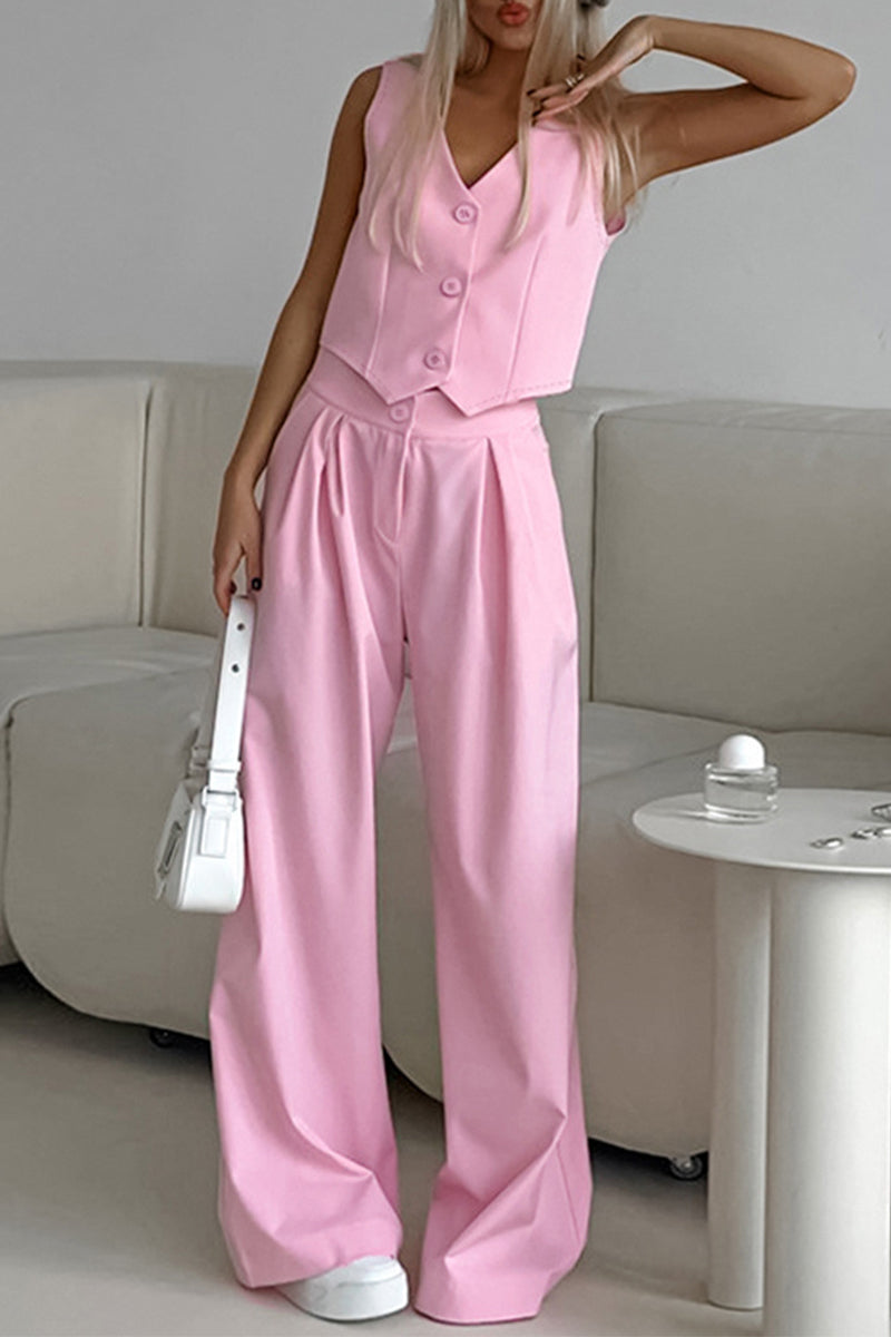 Casual Street Solid Pocket Buttons V Neck Sleeveless Two Pieces - Fashionpara