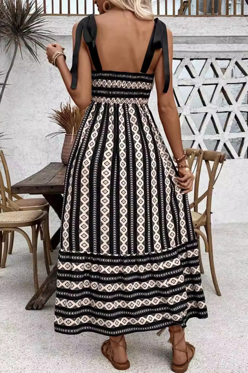 Casual Elegant Geometric Striped Bandage Contrast Square Collar Sling Dresses - Fashionpara