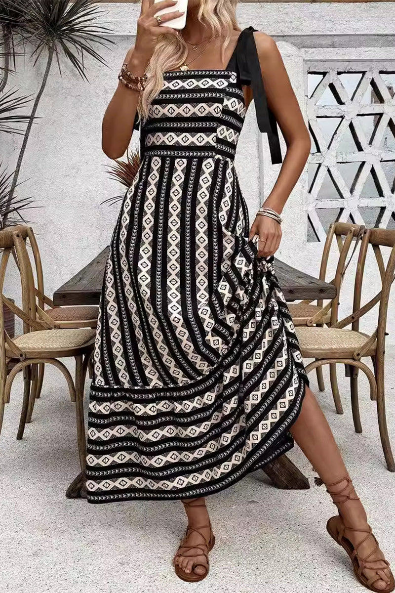 Casual Elegant Geometric Striped Bandage Contrast Square Collar Sling Dresses - Fashionpara