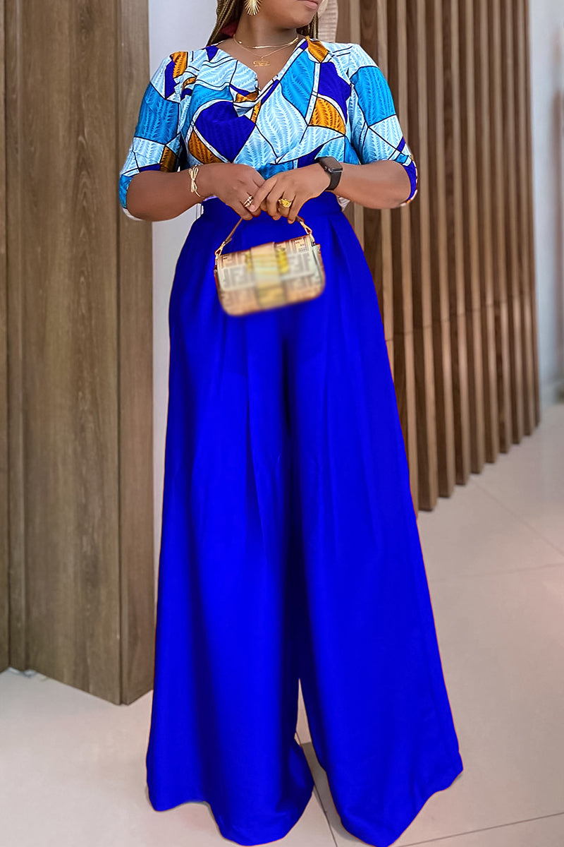 Elegant Print Patchwork V Neck Half Sleeve Two Pieces